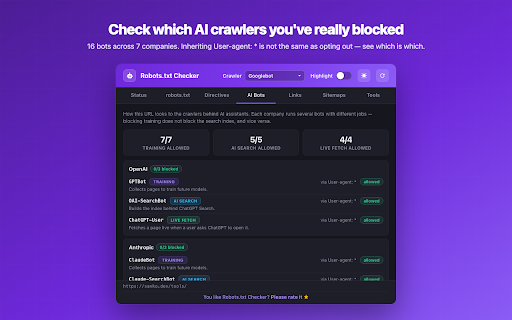 Robots.txt Checker — Indexability & AI Crawler Rules :: Check robots.txt, meta robots, X-Robots-Tag and AI crawler access (GPTBot, ClaudeBot, Google-Extended) for any URL.