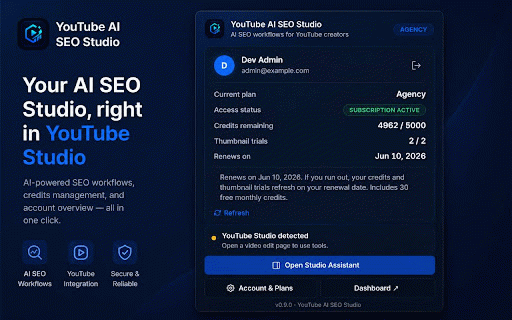 YouTube AI SEO Studio :: Generate titles, descriptions, tags, and thumbnails directly inside YouTube Studio.