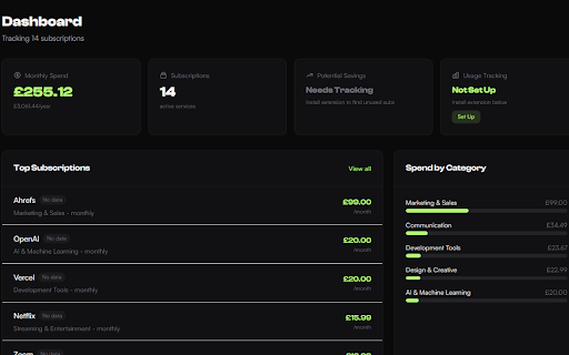 SaaSZombie - Subscription Tracker :: Track which SaaS subscriptions you actually use. Works with SaaSZombie.com to identify zombie subscriptions.