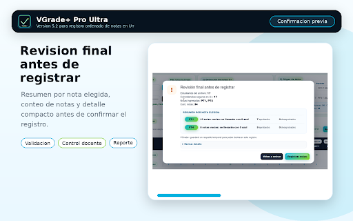 VGrade+ Pro Ultra :: Importa, valida y registra notas en U+ TECSUP desde Canvas, Excel o tablas, con detección dinámica PP/PT y deshacer seguro.