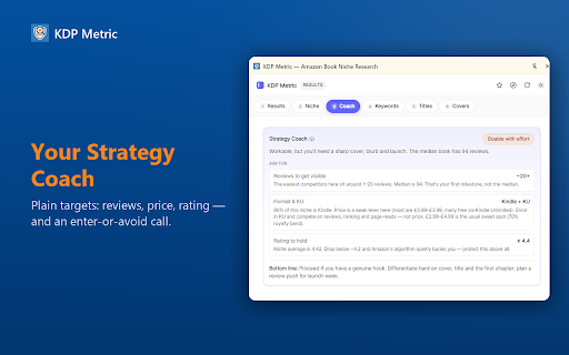 KDP Metric — Amazon Book Niche Research :: KDP book niche research: A–F niche grades, competition & BSR analysis, keyword & title tools — plus Pro Book Audit & on-device AI.