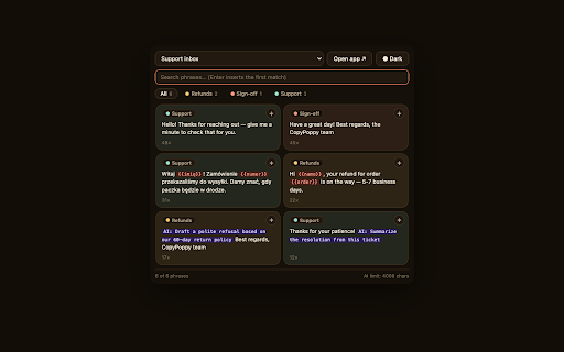 CopyPoppy :: Insert your saved replies and AI-filled templates into any text field. Your phrase library, finished by AI, one click away.