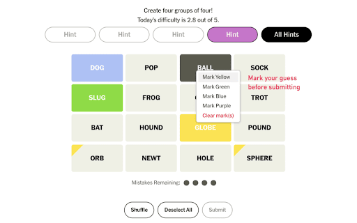 NYT Connections :: Boost your NYT Connections game: highlight hints, tag tiles, and track guess history, including ‘One Away’ misses.