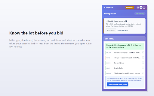 Insurance Lots — Car Auction History & AI Inspector :: Copart auction history on the lot page — past runs, final bids, sellers — plus an insurer filter and AI photo inspection.