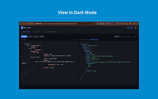 DevTools Pro :: Format JSON, Render HTML, JWE/RSA/AES/Bcrypt Crypto Tools — all in one sleek developer toolkit.
