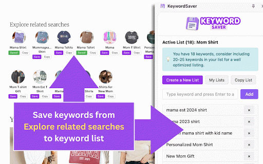 KeywordSaver: Etsy SEO Tool :: Quickly save and organize Etsy SEO keywords into custom lists using buttons inserted across Etsy search and listings.