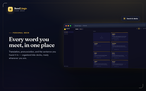 ReadLingo :: Learn languages while you browse. Translate words, generate AI sentences, organize decks, and review with spaced repetition.
