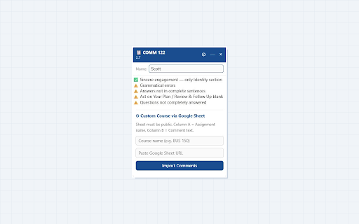 GraderPal :: Auto-detects Canvas assignments and fills feedback comments instantly. Supports multiple courses and Google Sheets import.