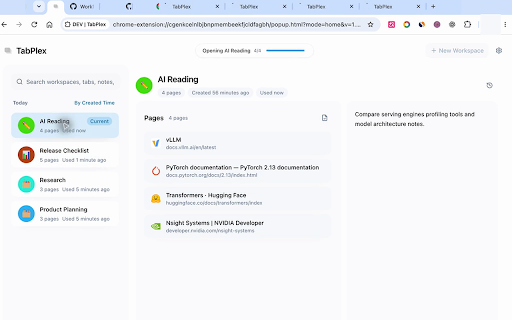 TabPlex :: Local-first Chrome workspaces for safer tab switching, organized task context, notes, and recoverable recent states.
