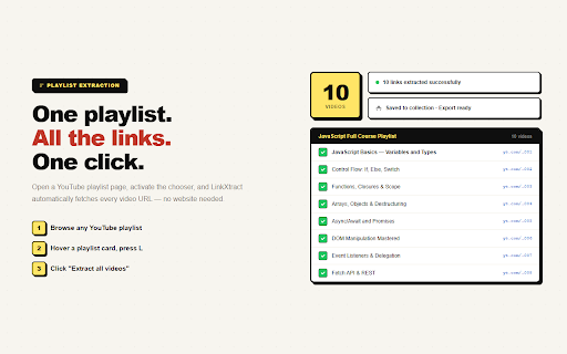 LinkXtract — YouTube Link & Playlist Extractor :: Capture YouTube links while browsing. Save videos, Shorts, playlists & channels. Bulk-extract playlist videos. Export as CSV or TXT.