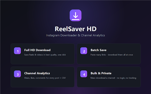 ReelSaver HD — Instagram Video Downloader & Analytics :: Download Instagram Reels & videos in Full HD, batch-save links, and analyze any channel's views, likes & comments.