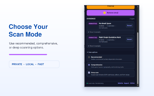 Invisible AI Character Detector & Remover :: Inspect hidden and suspicious Unicode, reveal exact evidence, clean with preview and undo, and optionally remove complete emoji.