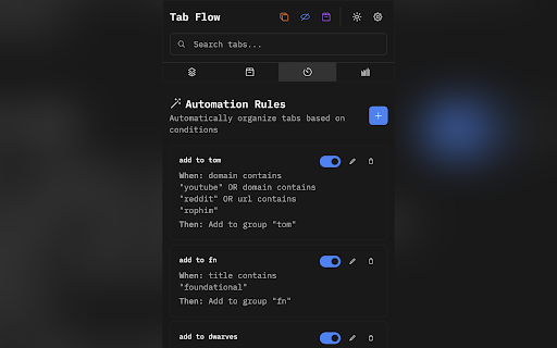 Tab Flow - Modern Tab Manager :: A modern tab management extension with dark theme, workflow automations, and smart organization features