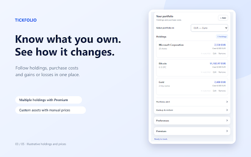 Tickfolio — Forex, Markets & Portfolio :: Track currencies, stocks, ETFs, crypto and commodities. Watch markets, manage your portfolio and follow your goals.