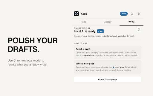 Xext :: Free local tools to read, save, and write on X, with Pro saved post and account tools plus on-device AI.
