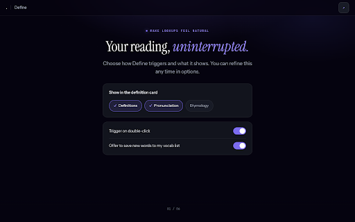 Define — Double-Click Dictionary & Vocab Builder :: Double-click any word for an instant definition, IPA and example. Save words and study them. 100% private.