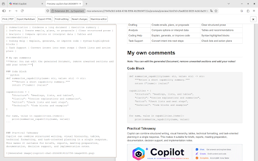 MS Copilot → Pretty Exporter :: Clears Copilot chats of unnecessary elements and exports them to HTML, Markdown, and PDF.