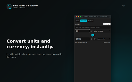 Side Panel Calculator :: chrome.sidePanel で常駐する電卓。基本/科学/プログラマー計算と単位・通貨換算。