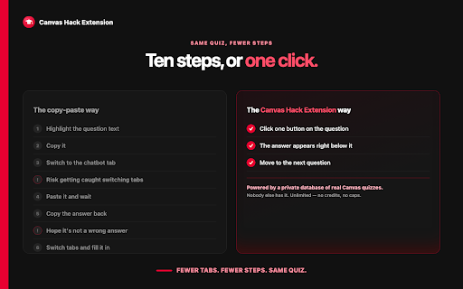 Canvas Hack Extension :: Canvas quiz cheat extension. Instant AI answers on any Canvas quiz - Classic & New Quizzes. One click, never leave the page.