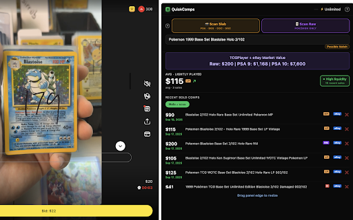 QuickComps — Live Card Comps on Streams, Powered by Card Ladder :: Scan slabs and raw cards during live Whatnot auctions for instant sold comps. Slab data powered by Card Ladder.