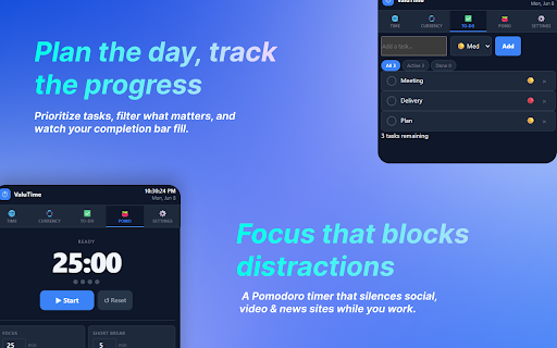 ValuTime :: Time zones, currency with pro fees, To-Do, Pomodoro focus & site blocking — built for freelancers.