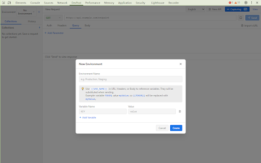 DevPost - API Debugger for DevTools :: API debugger inside Chrome DevTools. Send requests, capture network traffic, manage collections and environments — no tab switching.