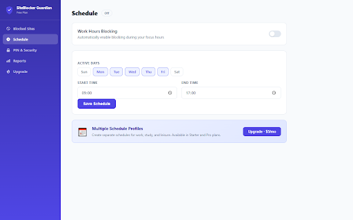 SiteBlocker Guardian :: Block distracting websites. Pomodoro focus mode, category blocking, strict mode, whitelist-only, schedules and PIN. Privacy-first.