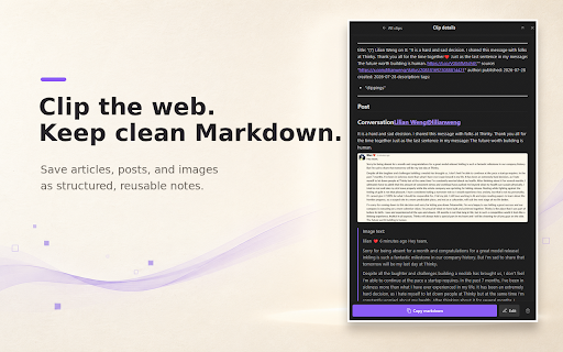 Open Clipper :: Clip and highlight web pages as durable Markdown, then copy or save them to your Obsidian vault.