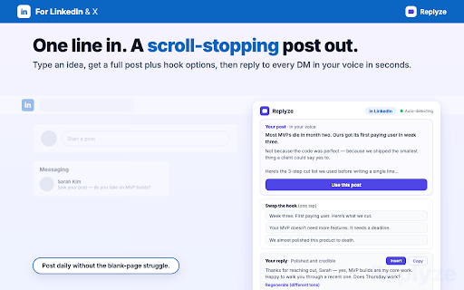 Replyze: Your AI Copilot for LinkedIn & Upwork :: Founders spot leads, freelancers win jobs. Replyze scores what's worth your time and writes replies & proposals in your voice.