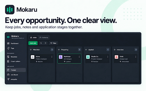 Mokaru - Free Job Search Tracker & Autofill :: Save jobs from LinkedIn, Indeed and more. Autofill applications with your resume and keep your job search organized.