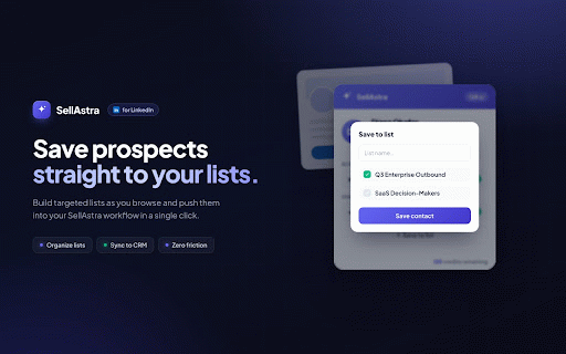 Sellastra: Free B2B Phone Number & Email Finder :: Find verified B2B phone numbers & work emails on any LinkedIn profile. Start free — save leads to your CRM in one click.