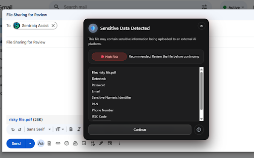Sentraiq: Secure Data Guardrail for AI :: Privacy-first DLP for AI tools and Gmail. Detect sensitive text and TXT, DOCX, PDF uploads locally before sharing.