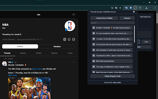 Threads Scraper: Export Threads, Comments, Users & more :: Scrape Threads, Users, Followers, and more from Threads, with options to export in formats such as CSV, Excel, JSON and others