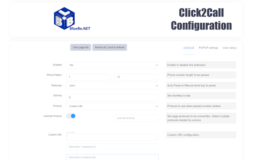BlueBeNET click2call :: This extension converts phone numbers to links which will connect your calls using any selected protocol including custom URL dial.
