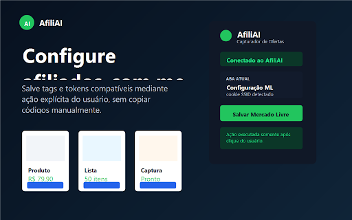 AfiliAI Capturador de Ofertas :: Envia produtos de marketplaces para o AfiliAI e cria um link curto rastreavel.