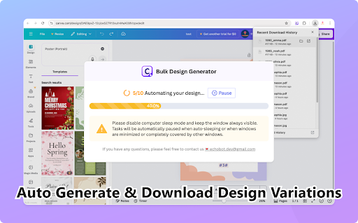 Bulk Design Generator for Canva :: Automate Canva design variations in bulk with variables, generate batches, and download generated designs faster for workflows.