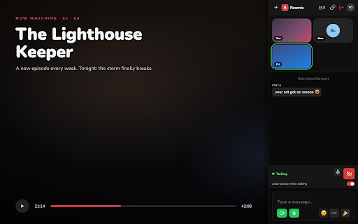 Roomie :: Watch parties on Netflix, YouTube & Hotstar — synced playback, chat, animated reactions, GIFs, voice, video, and private rooms.