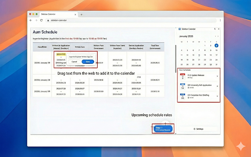 sidebar calendar :: Register events with a single drag while browsing and check them anytime in the sidebar.