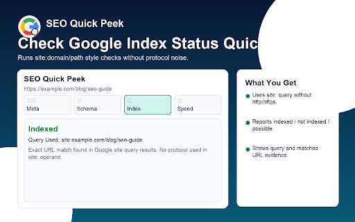 SEO Quick Peek :: One-click checks for meta tags, schema, and Google index status.