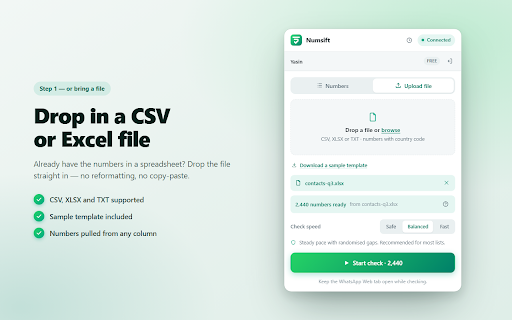 Numsift — Bulk WhatsApp Number Checker & Validator | Export to Excel :: Bulk check which numbers are on WhatsApp. Validate lists, filter by country, spot business accounts, export to Excel or CSV.