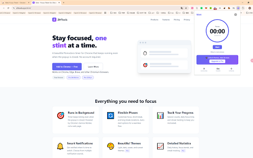Focus Timer — Stint: Pomodoro Timer for Chrome :: Pomodoro focus timer that runs in background. Customizable breaks, session tracking, and themes. Start focused, one stint at a time.