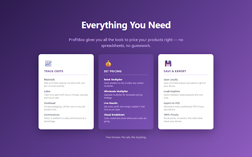 ProfitBox :: Free pricing & profit calculator for small businesses. Track materials, labor, overhead, and commissions. Export to PDF.