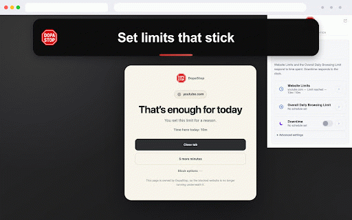 DopaStop — A Calmer Way to Browse :: Blur distracting media, view on-device usage, and manage screen time with daily limits and downtime.