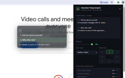 Interview Teleprompter :: Transparent teleprompter overlay for interviews — your notes, always visible, never obvious.