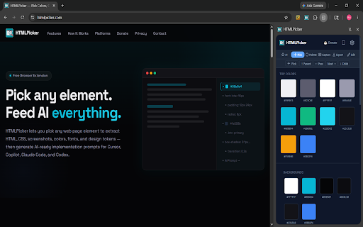 HTMLPicker - HTML Color Picker :: Pick any element to extract colors (HEX, RGB, HSL), CSS, fonts and layout. Generate AI prompts for vibe coding.