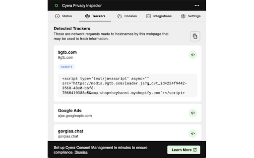 Cyera Privacy Inspector :: Audit your site for compliance with privacy frameworks like CPRA or GDPR.