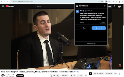 MakeThreads - YouTube to Twitter :: Generate viral Twitter threads, single tweets, and articles from YouTube videos instantly.