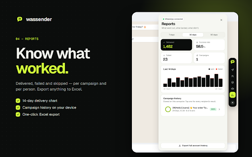 Wassender — Bulk Sender & Auto-Reply for WhatsApp :: Personalized WhatsApp Web campaigns from Excel, auto-replies, templates and delivery reports — in one quiet side panel.