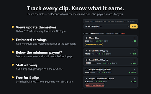 PotScout: Whop Content Rewards Clipping Campaign Filter :: Find the Whop clipping campaign that fits YOUR channel: country rules, platform rates, $/clipper and days left on every card.
