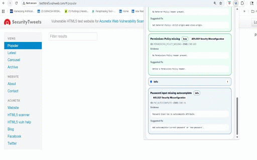 OWASP Live Detector :: Live frontend security analysis for OWASP-aligned misconfigurations using runtime headers, DOM, and network signals.